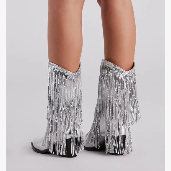 *NEW* TAYLOR SWIFT INSPIRED SILVER SEQUIN FRINGED COWBOY BOOTS 9.5 - Picture 2 of 9
